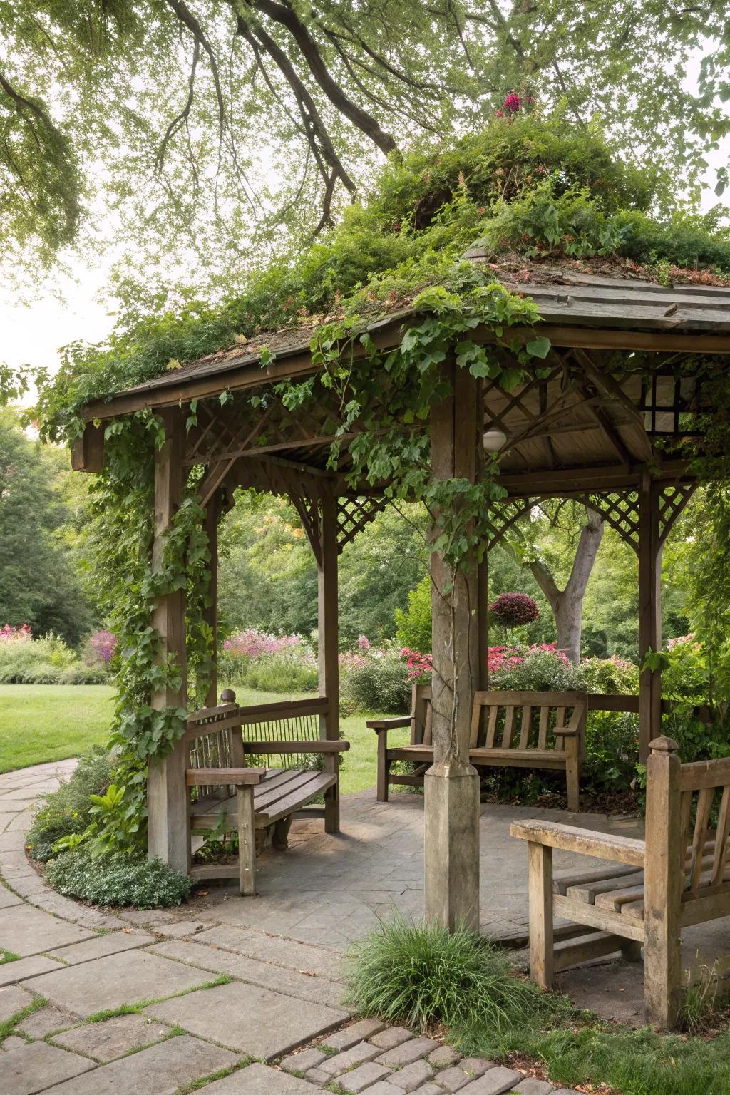 Rustic benches add a touch of nature to your gazebo.