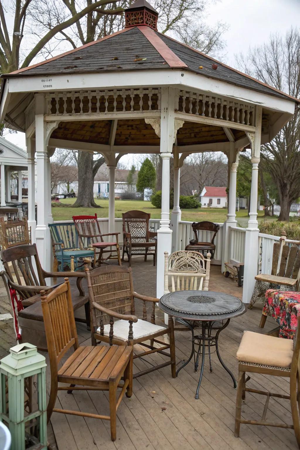 Vintage finds turn your gazebo into a one-of-a-kind retreat.