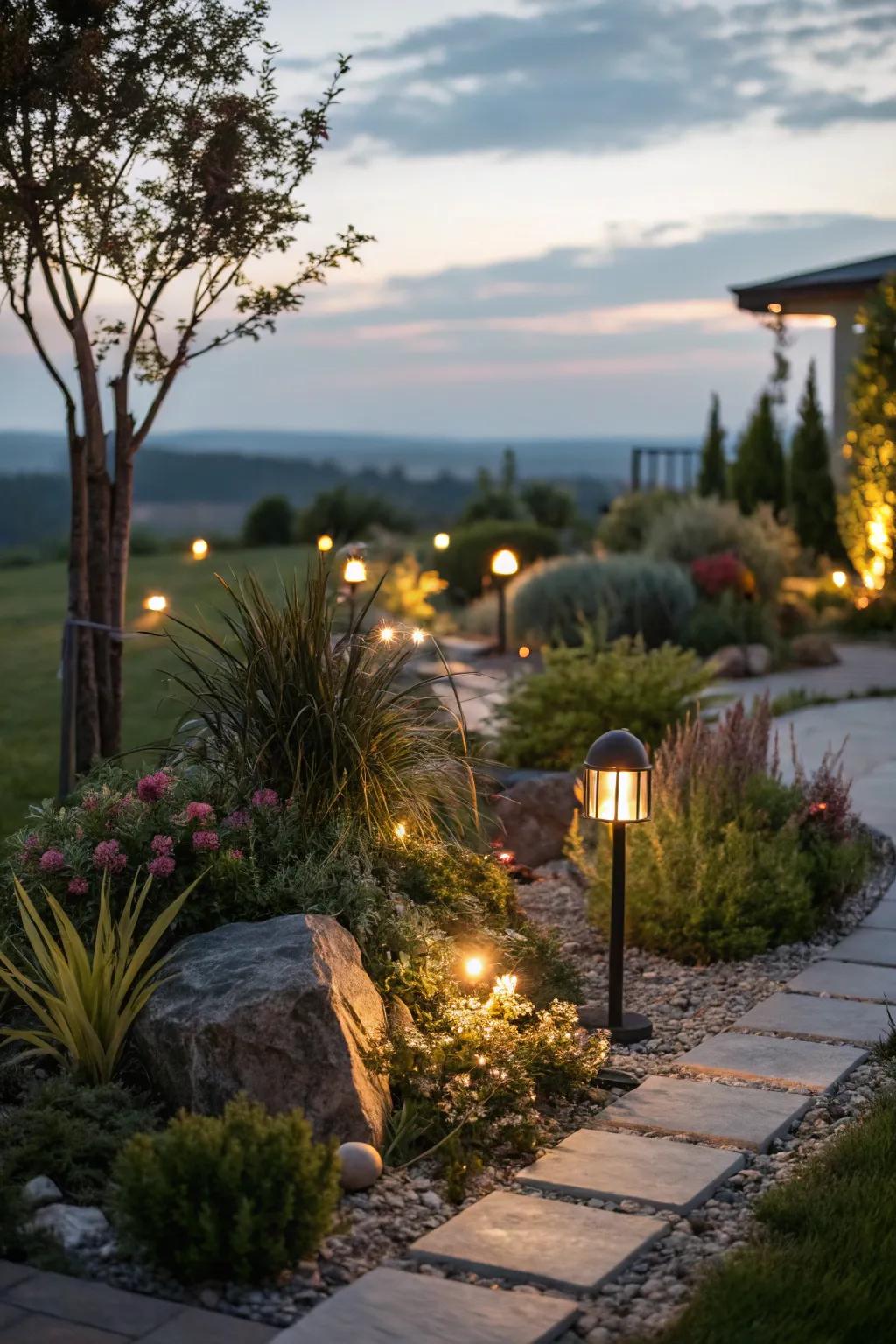 Lighting transforms your garden into a nighttime wonderland.