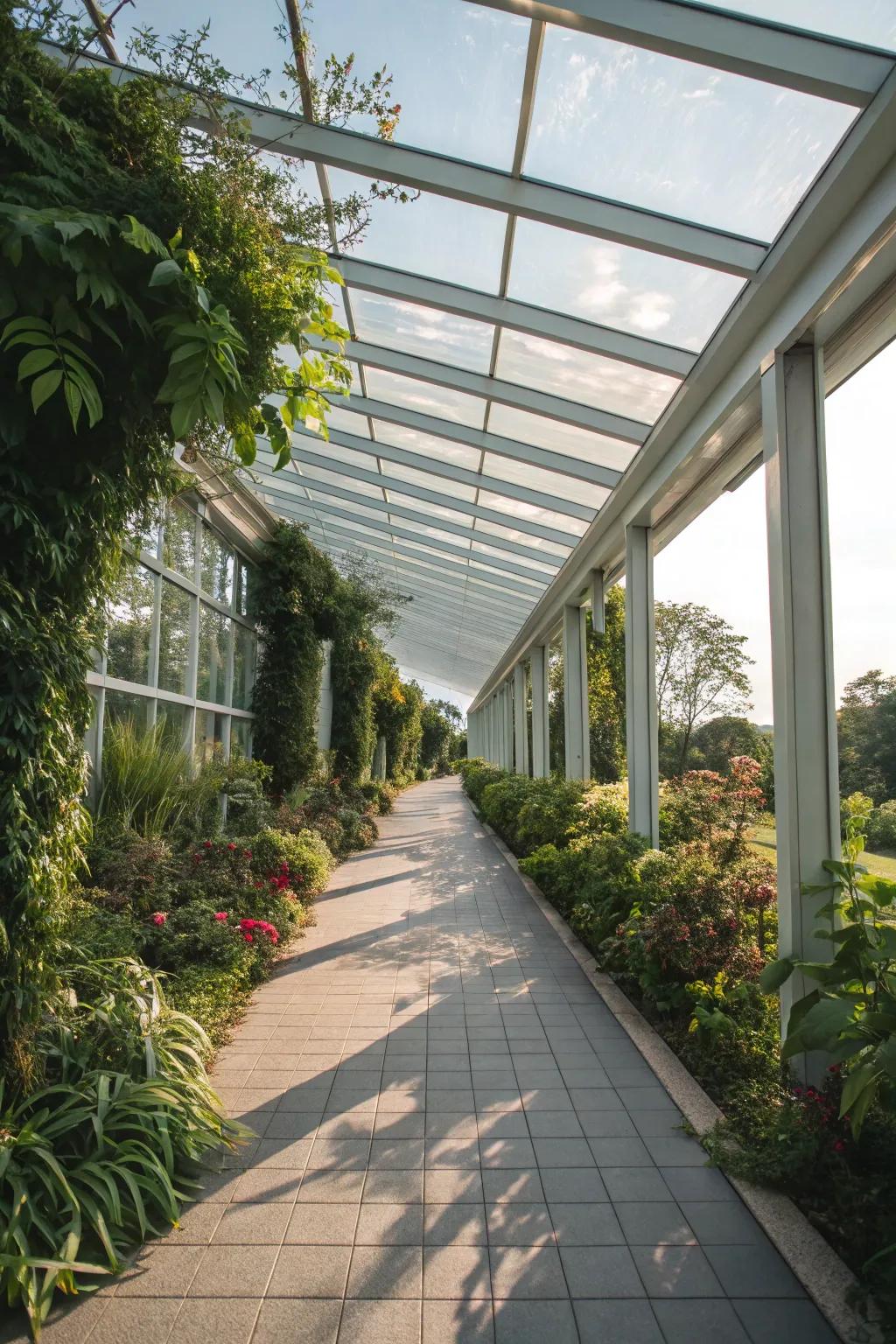 A modern walkway with a glass roof, perfect for sun lovers