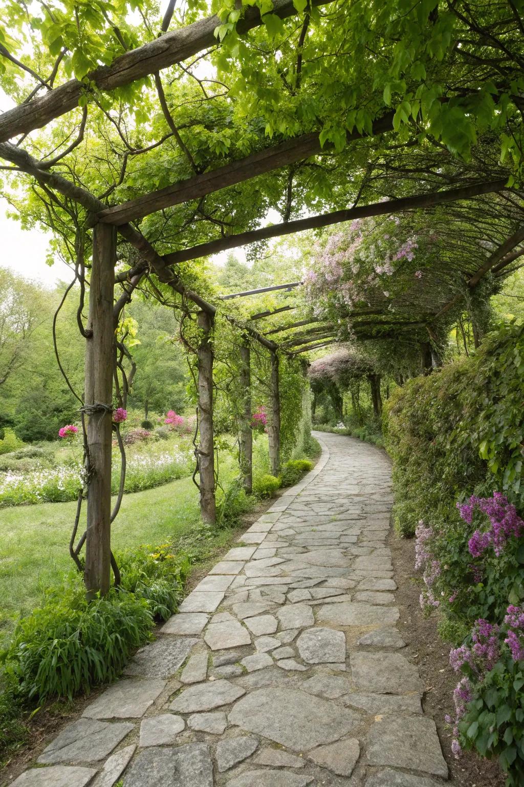 A rustic stone path under a trellis thriving with climbing plants