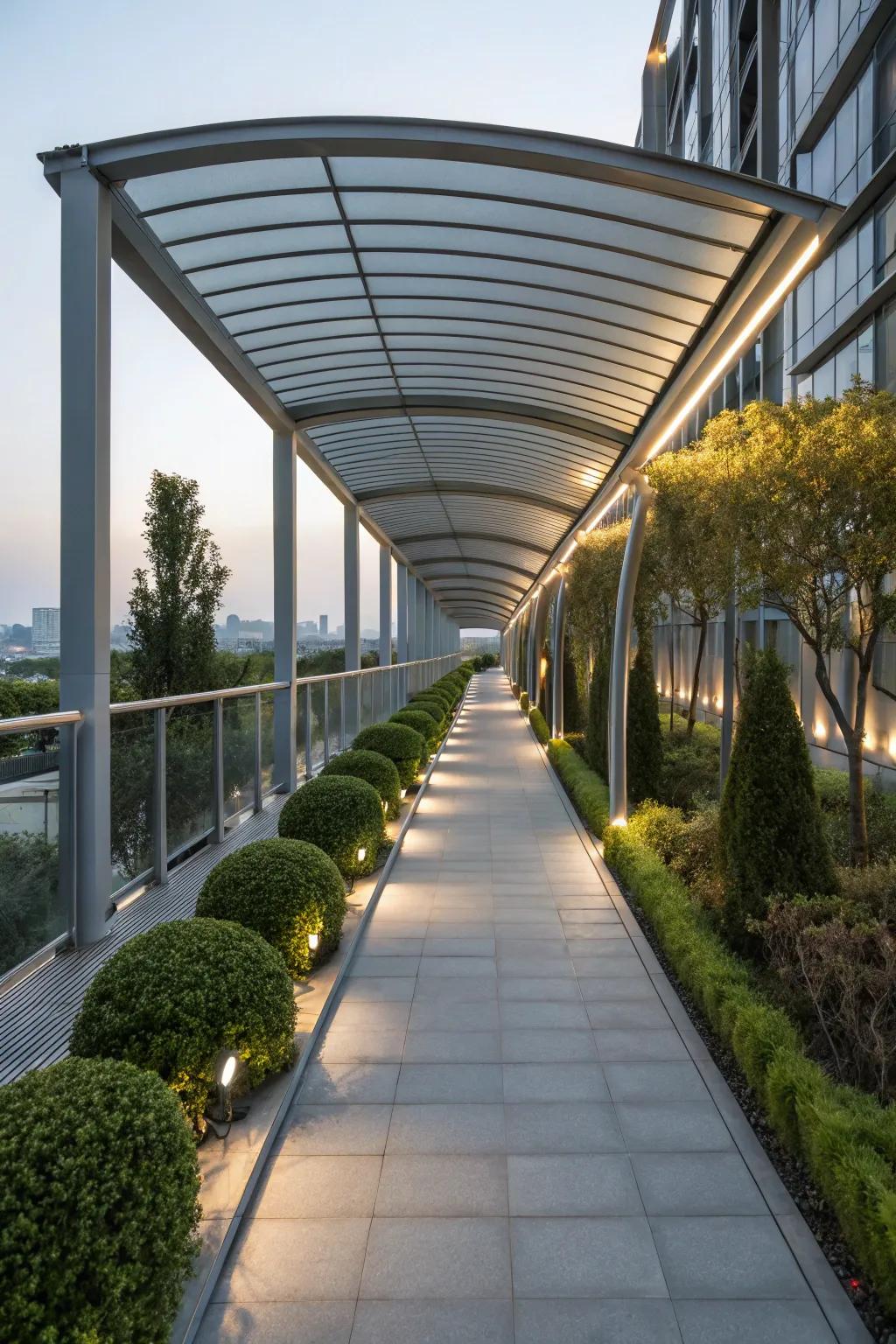 A modern metal canopy providing a chic cover for a garden walkway