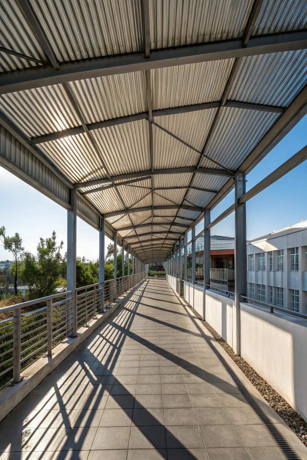 An industrial-style walkway with a sleek corrugated metal cover