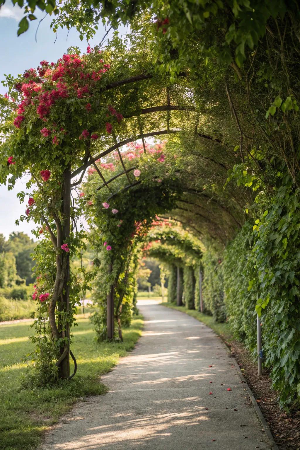 A magical living tunnel walkway, enveloped by flourishing plants