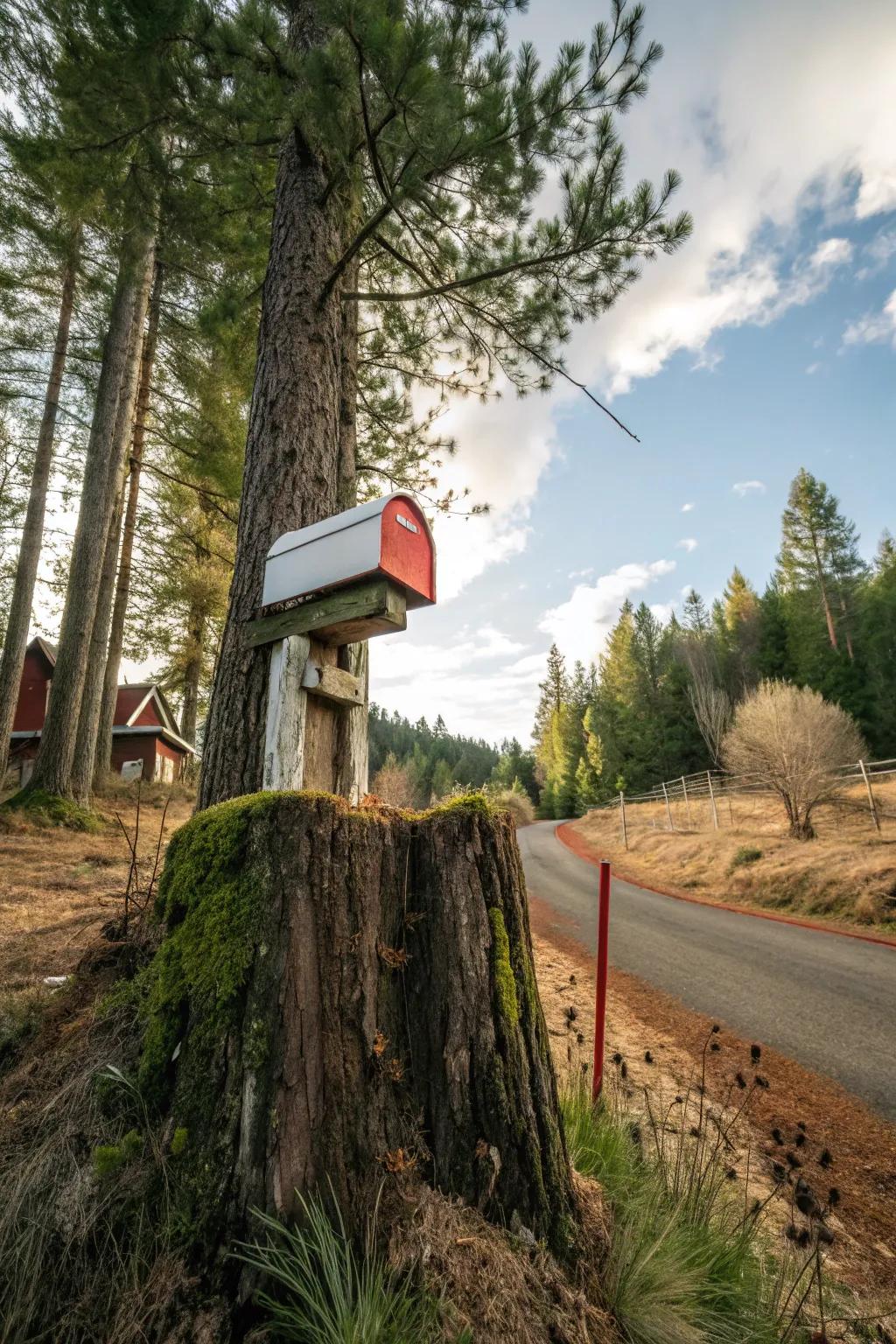 A tree stump mailbox that blends seamlessly with nature.