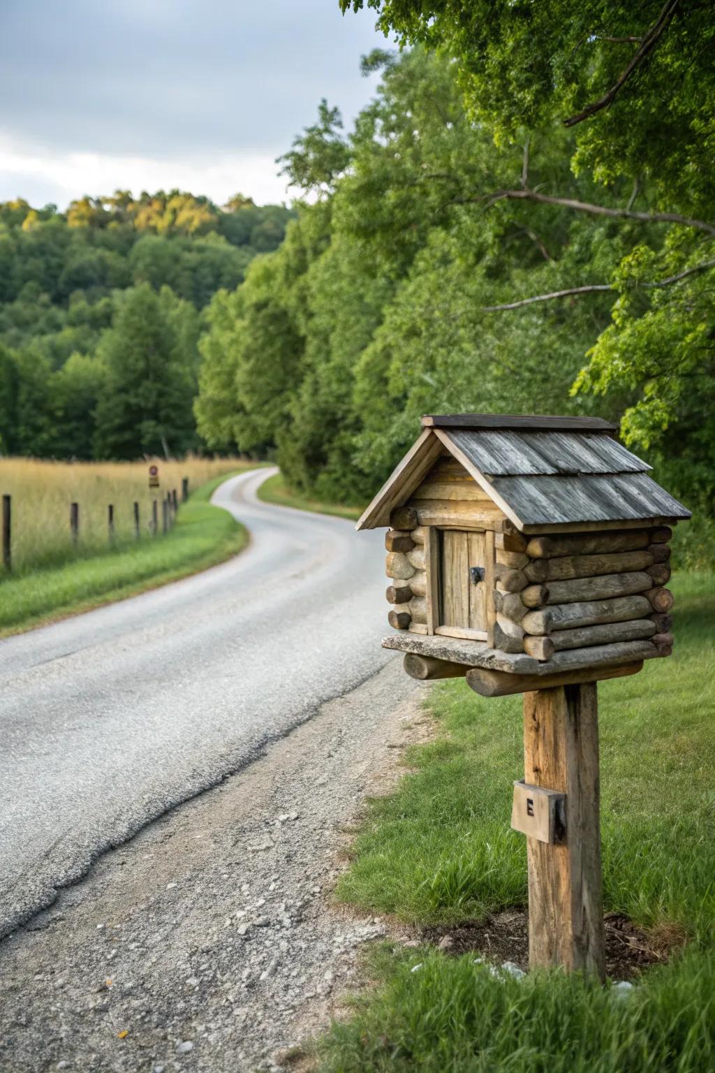 A log cabin mailbox that adds a rustic charm to any rural property.