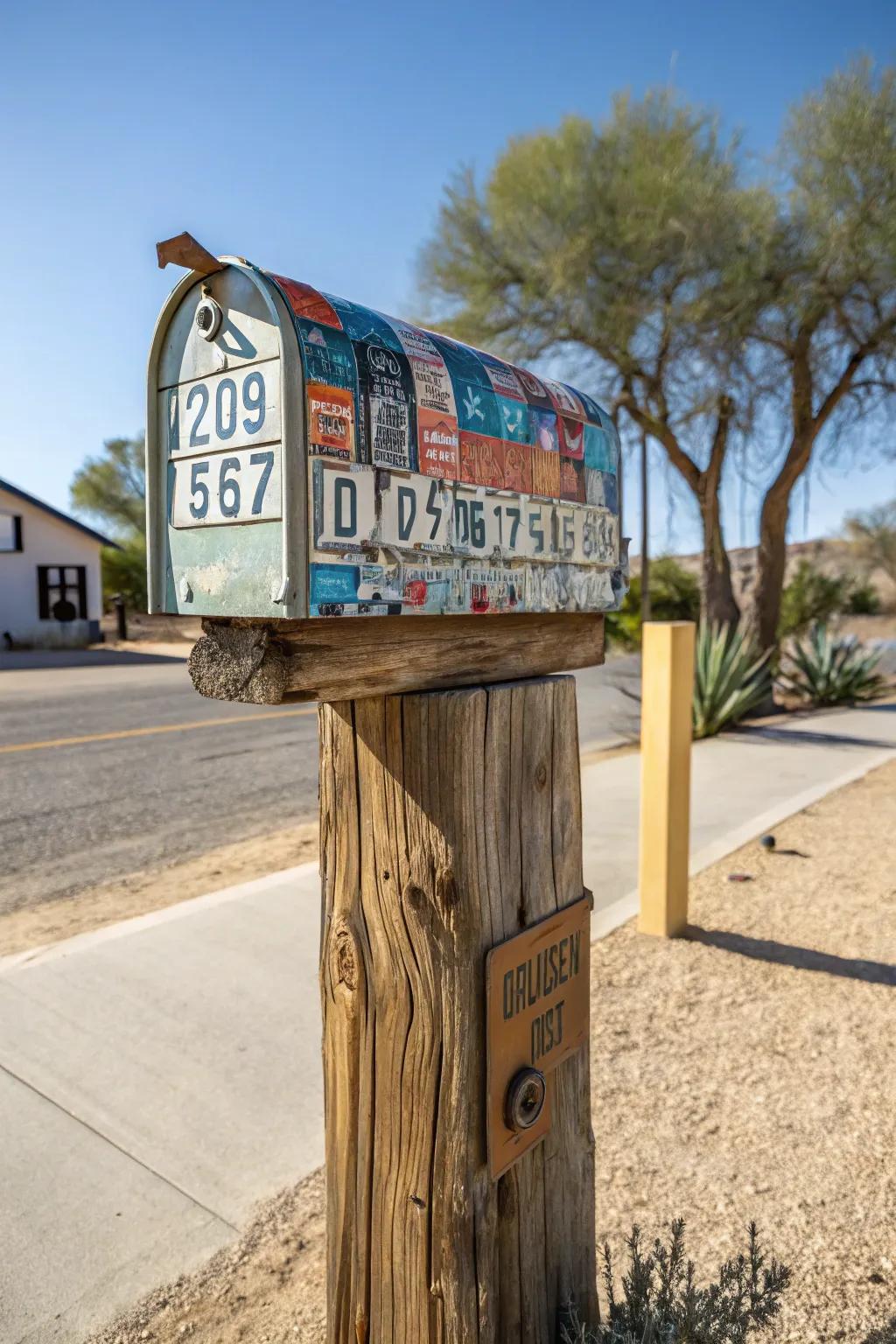 A license plate mailbox showcasing unique history and style.
