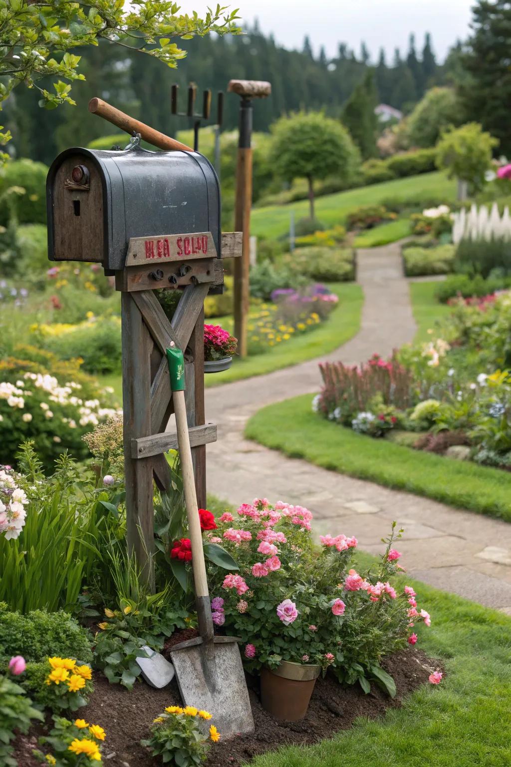 A garden tool mailbox that complements your green thumb.