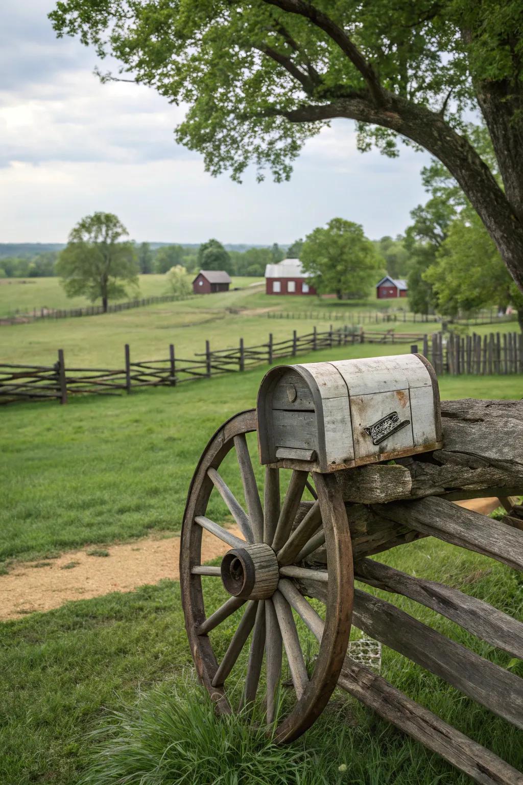 A wagon wheel mailbox that tells tales of the past.