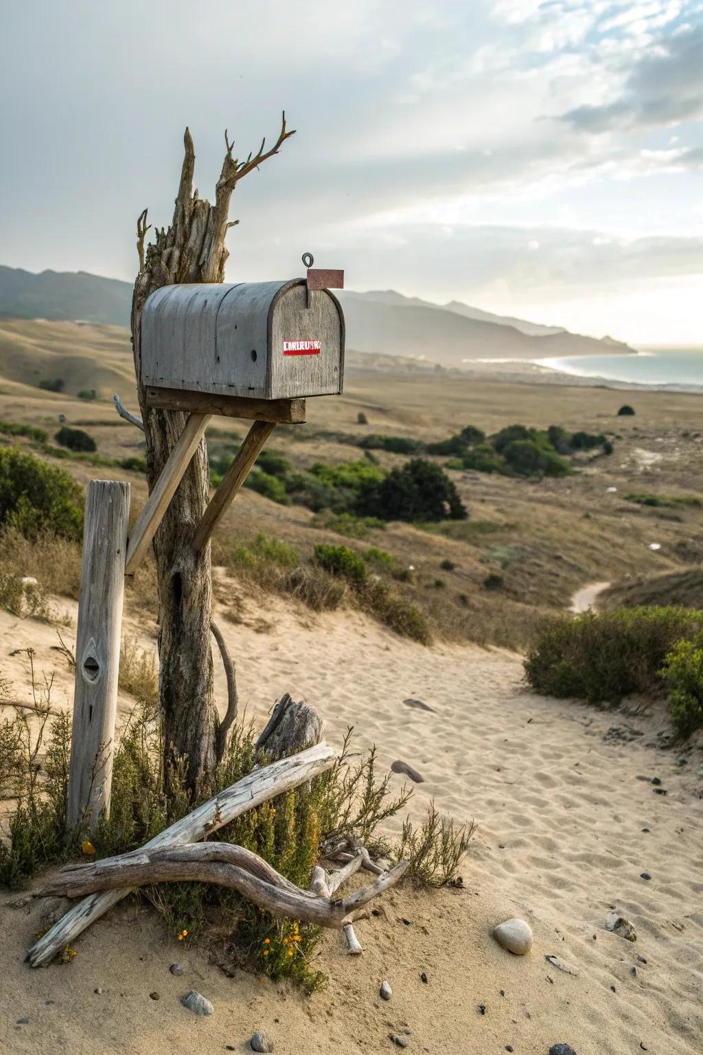 A driftwood mailbox that brings the beach to your doorstep.