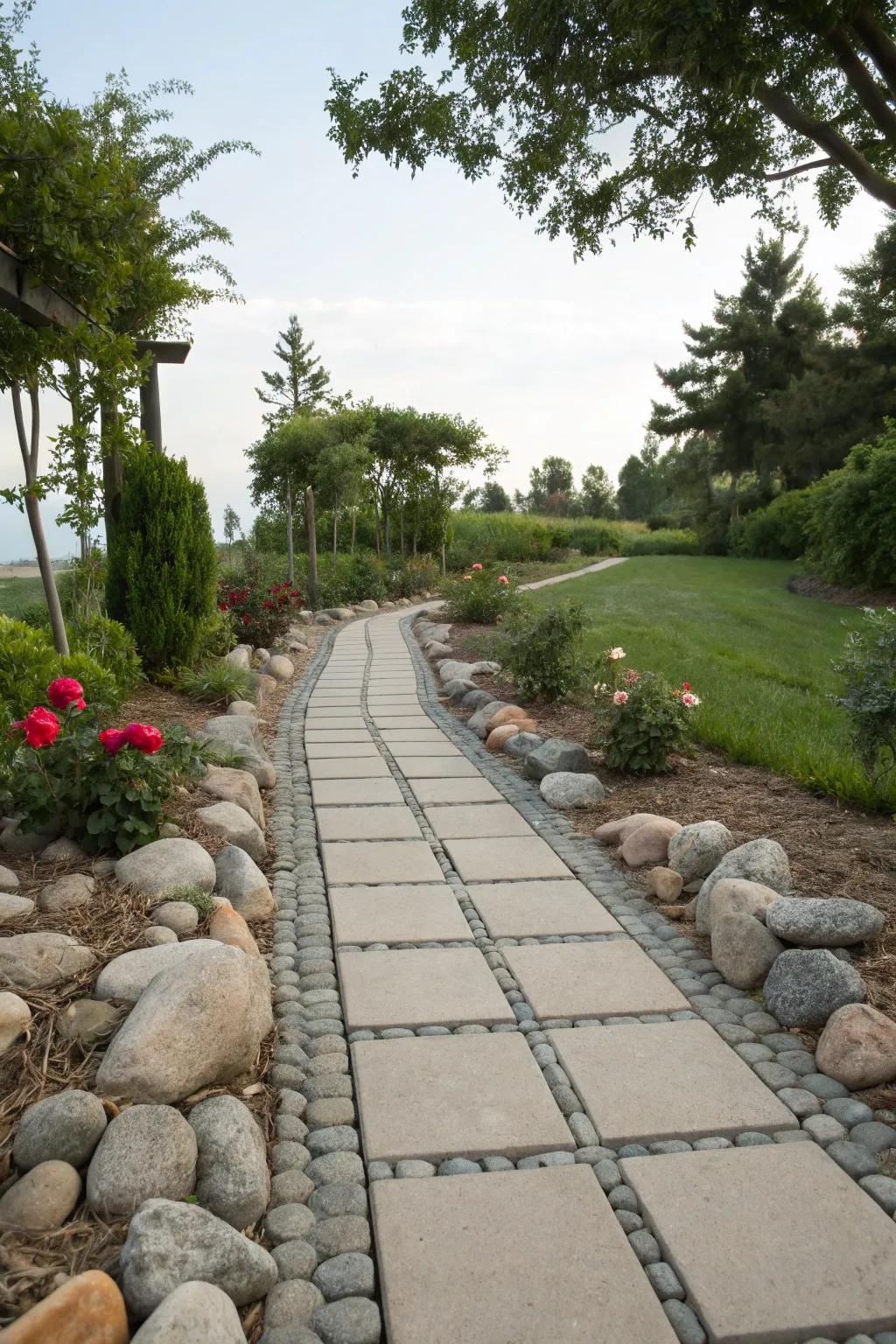 Pavers with rock borders for a neat and tidy garden pathway.