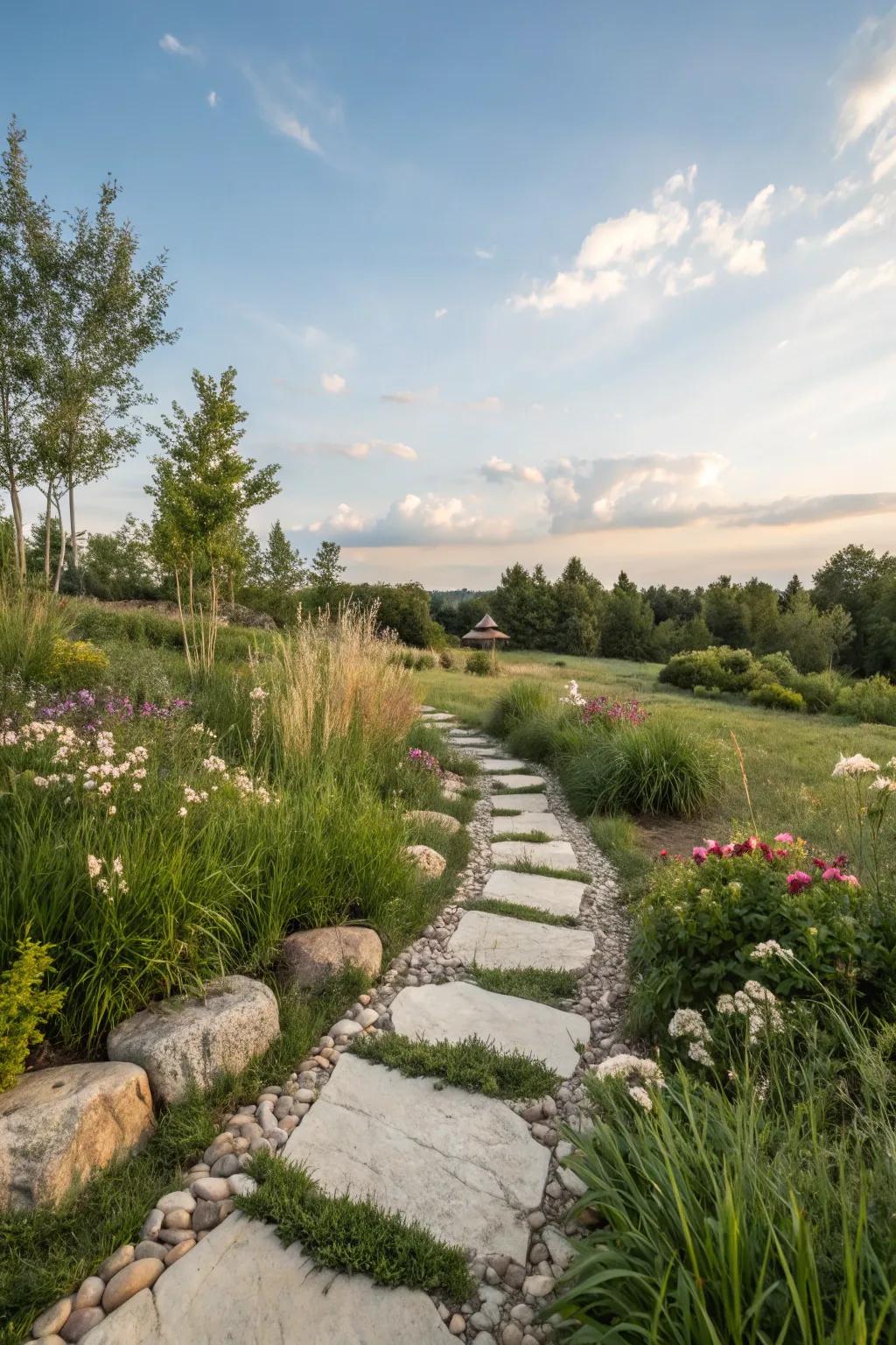 Stepping stone path with rocks for a charming garden walk.