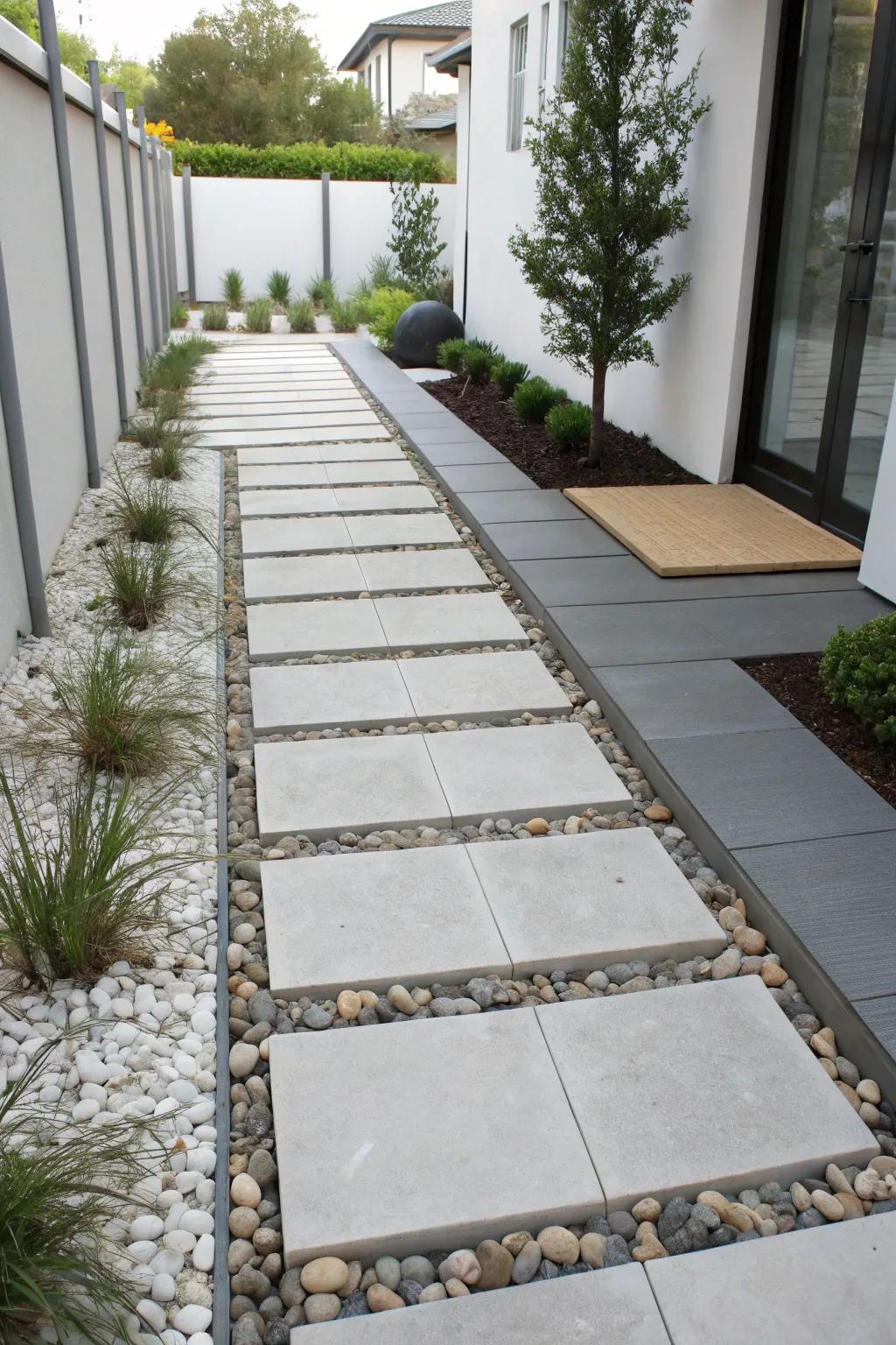 Contemporary pathway with uniform pavers and pebbles in a minimalist garden.