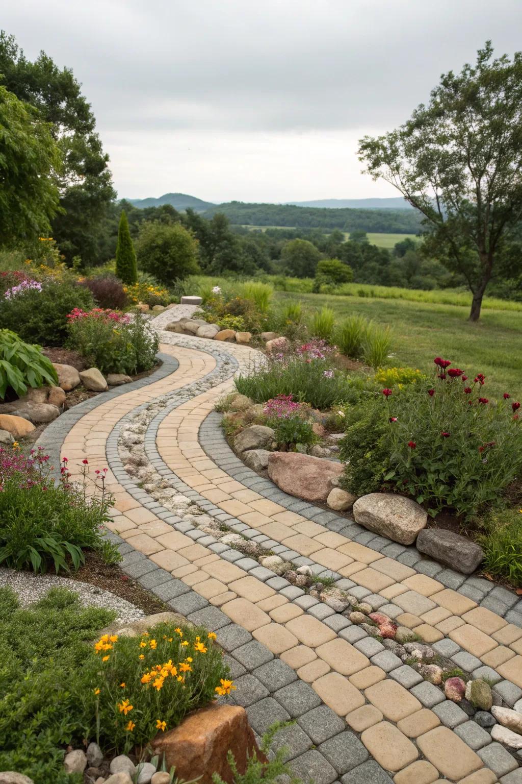 Curved garden path with pavers and rocks for a dynamic design.
