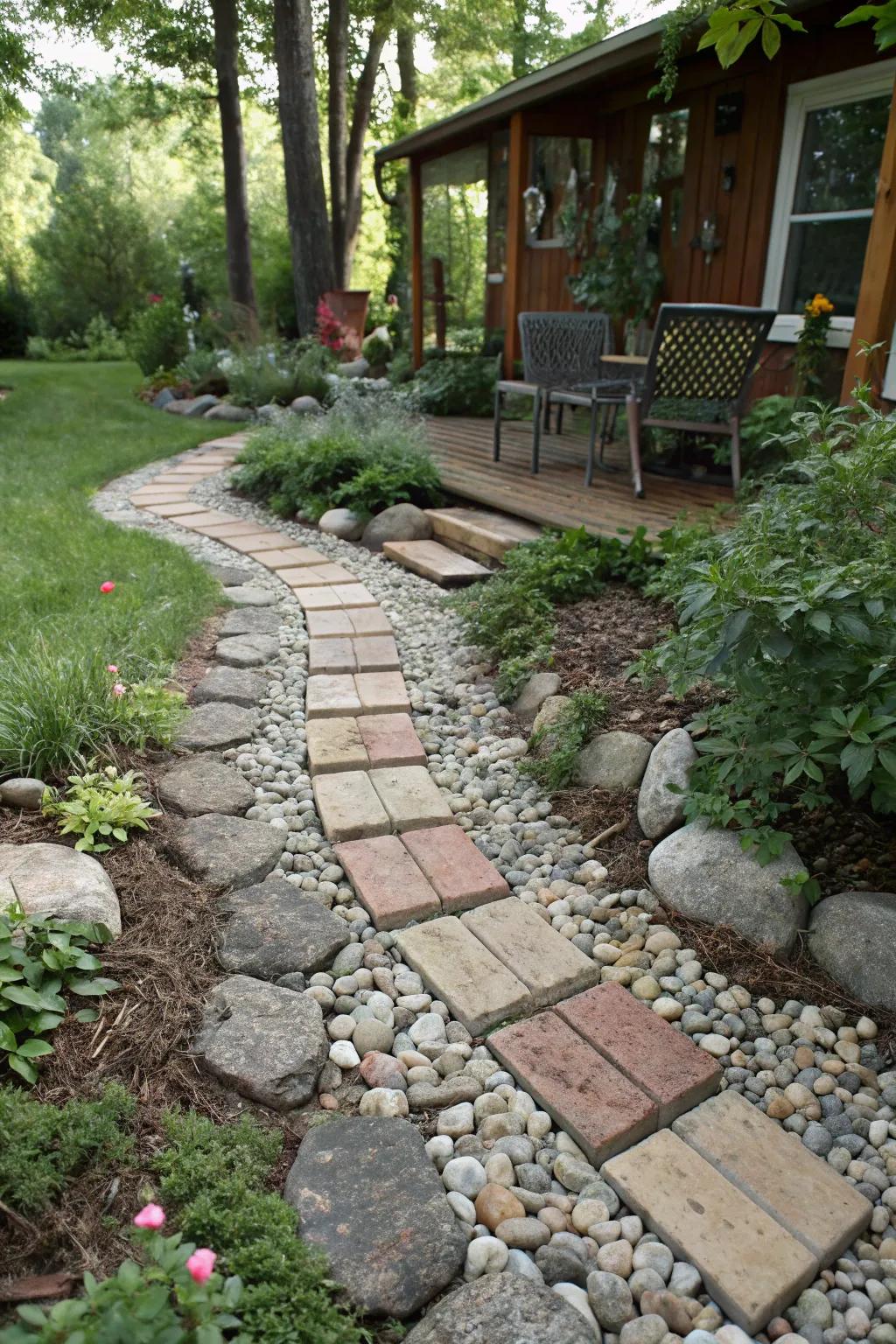 DIY garden path with homemade pavers and rocks for a personal touch.