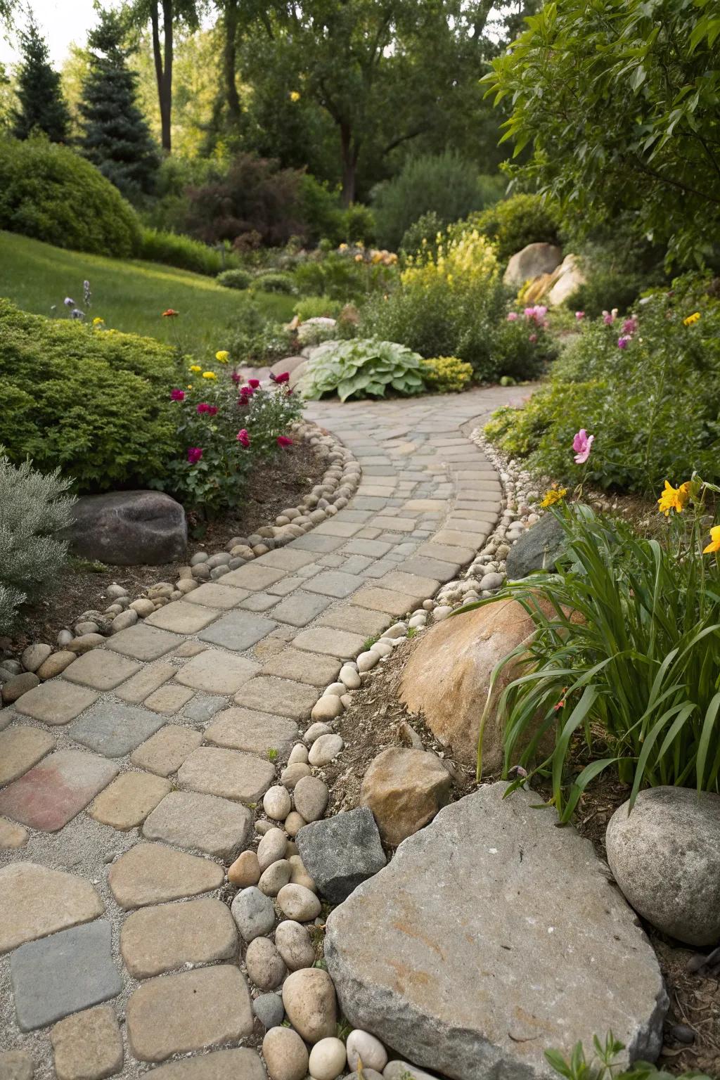 Textured garden path with smooth pavers and rough rocks.