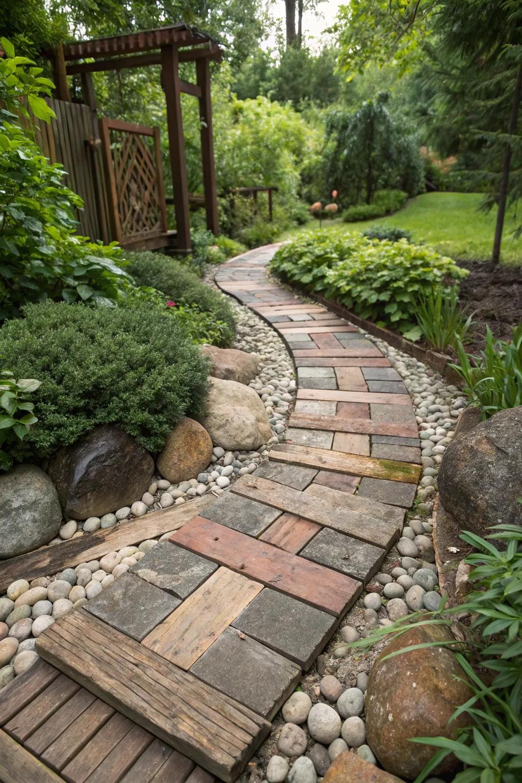 Eclectic garden path with a mix of materials for unique style.