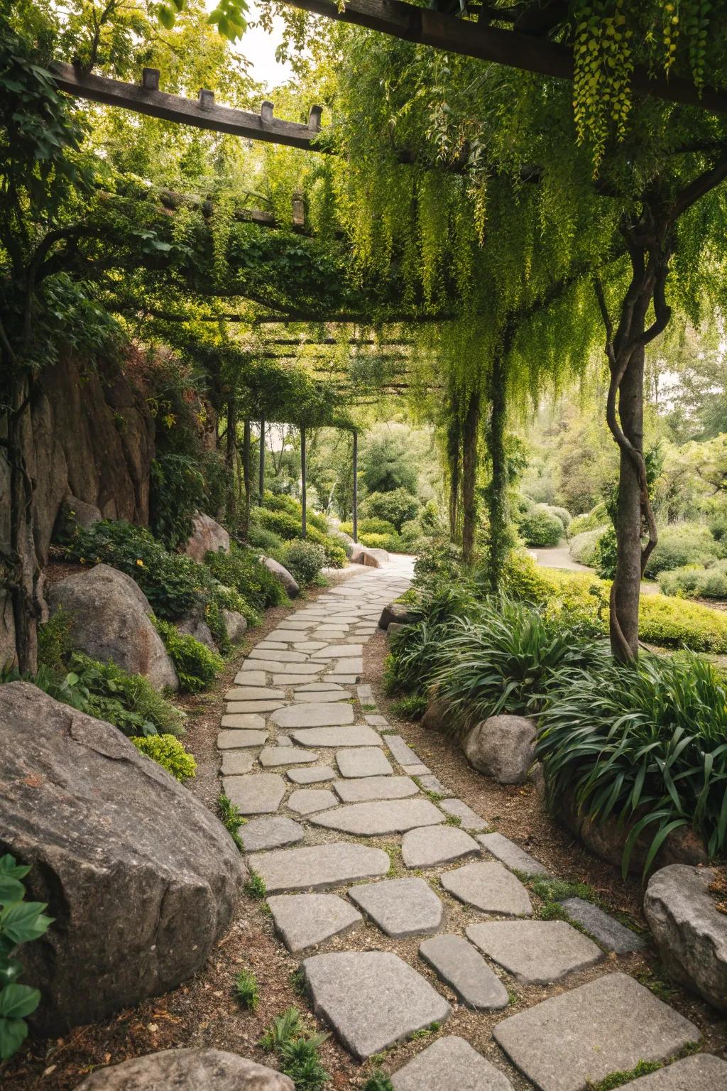 Garden path with plants spilling over pavers and rocks for a lush look.