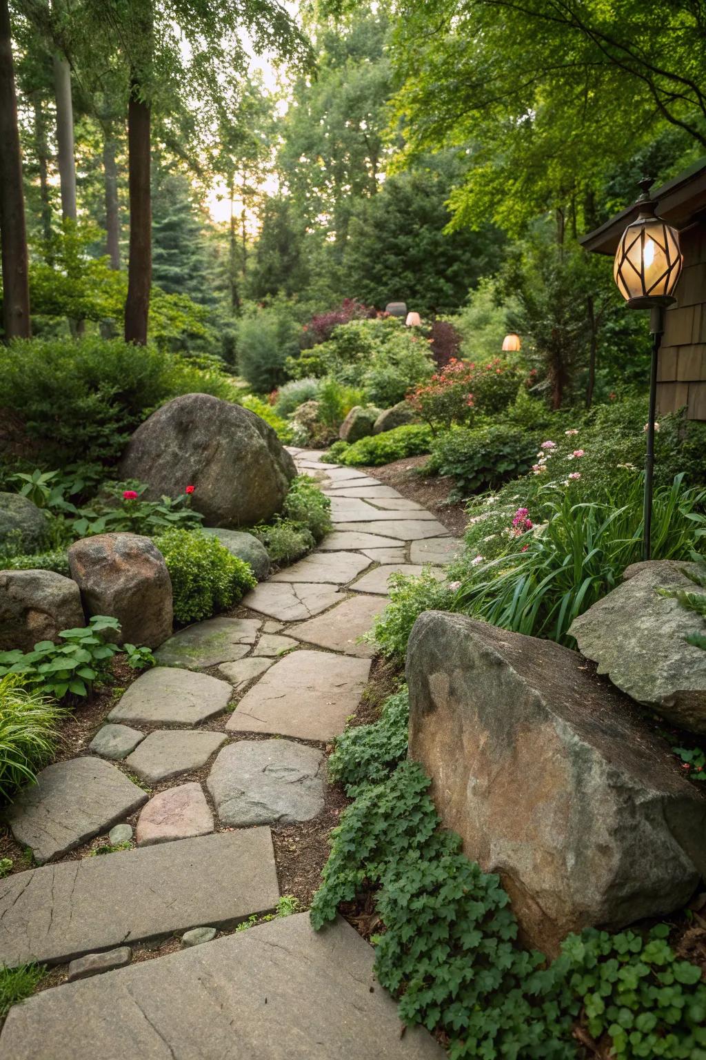 Rustic garden path with large stones and rocks creating a natural look.