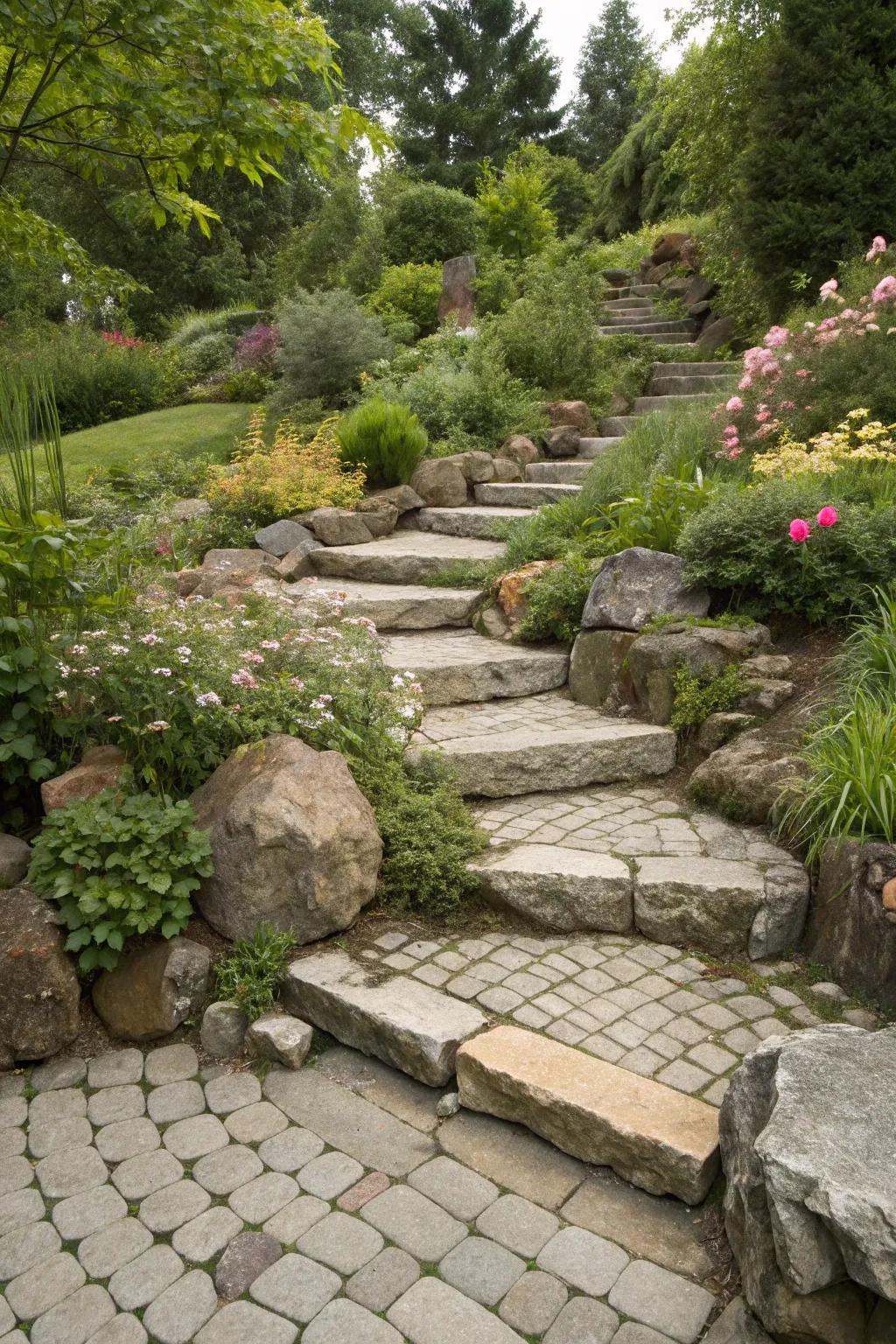 Multi-level garden path with varied paver and rock heights.