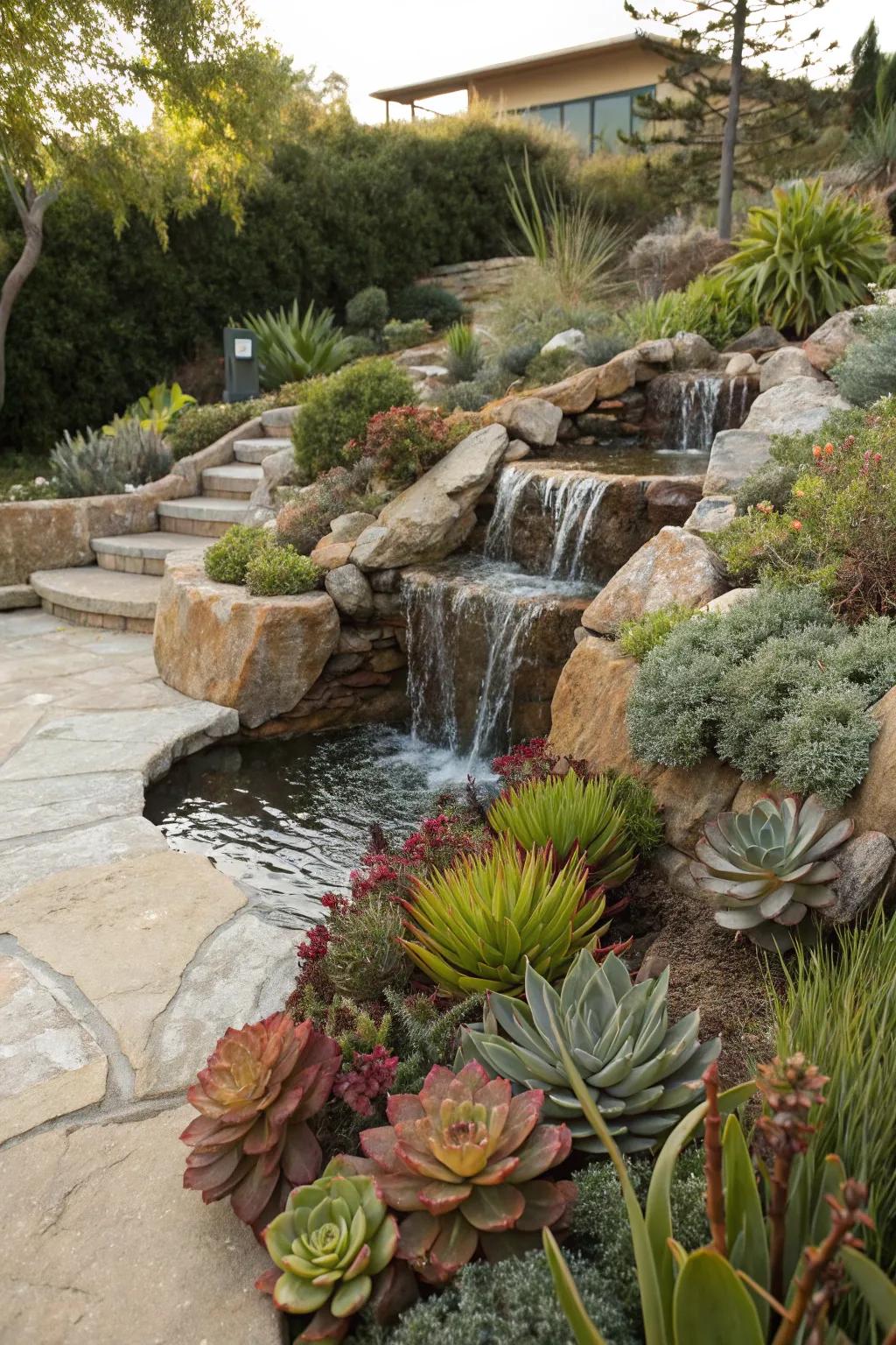 A drought-tolerant spillway surrounded by succulents.