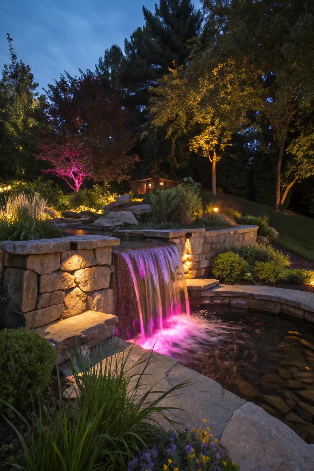 A spillway beautifully lit for evening enjoyment.