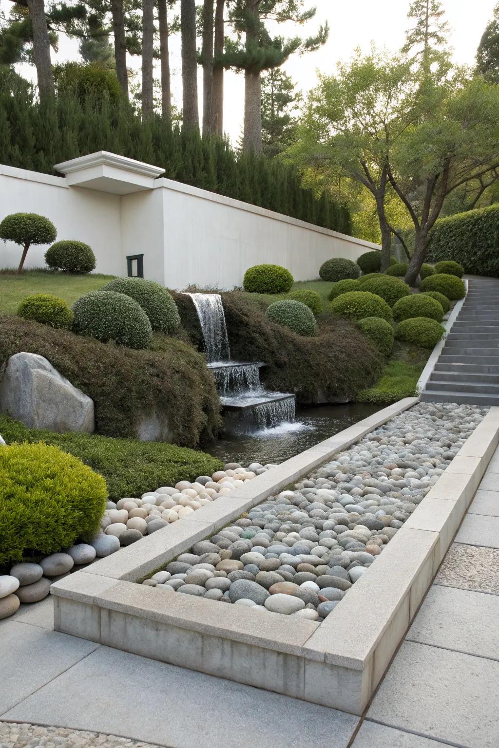A minimalist spillway for a tranquil garden setting.