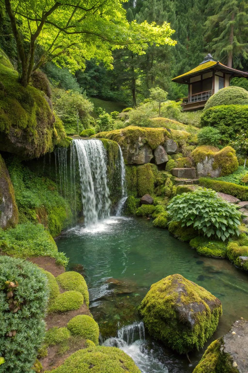 A whimsical spillway with natural moss.