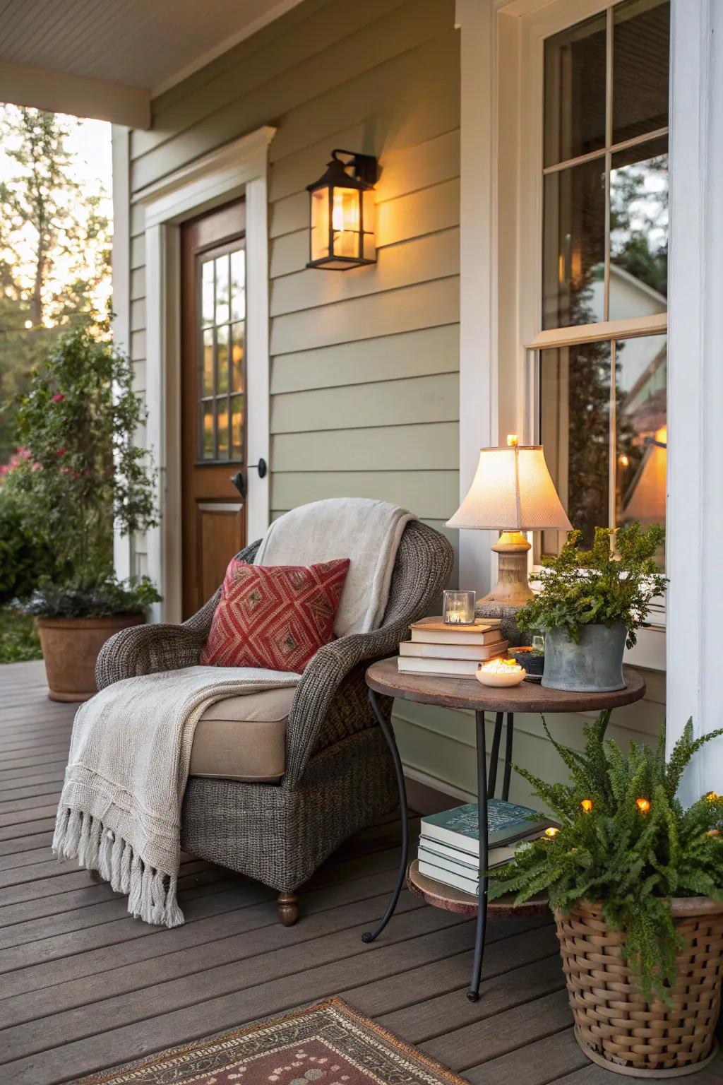 A reading nook invites relaxation on a sunny porch.
