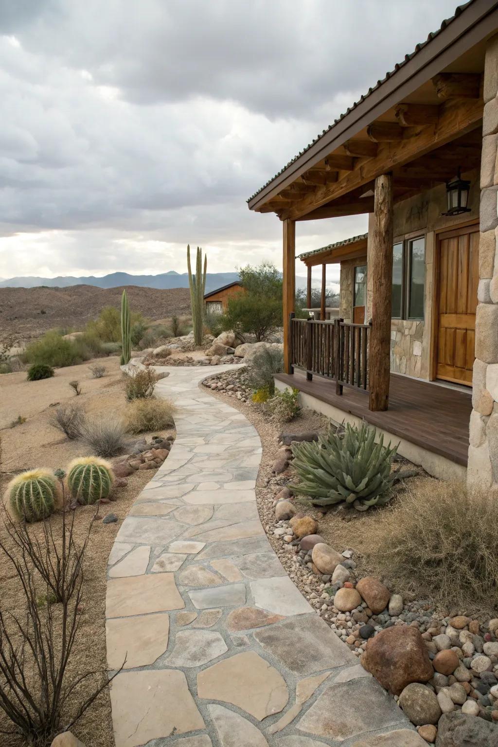 Stone pathways enhance access and beauty to a front porch.