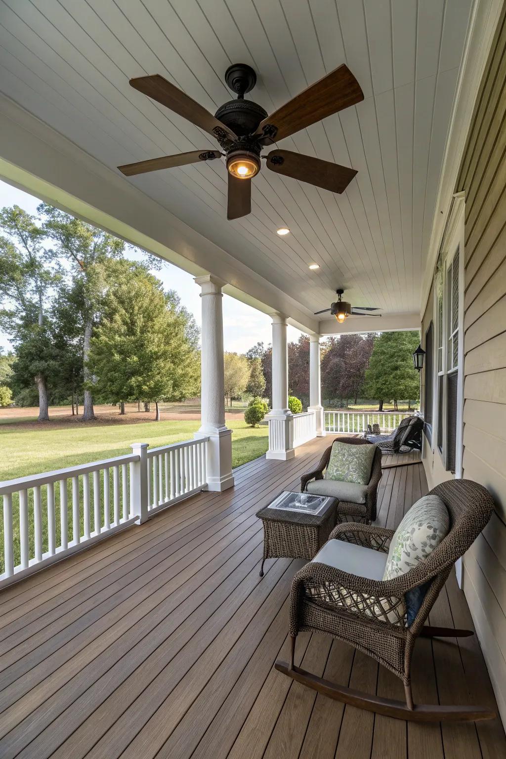 A ceiling fan provides comfort and style on a warm porch.