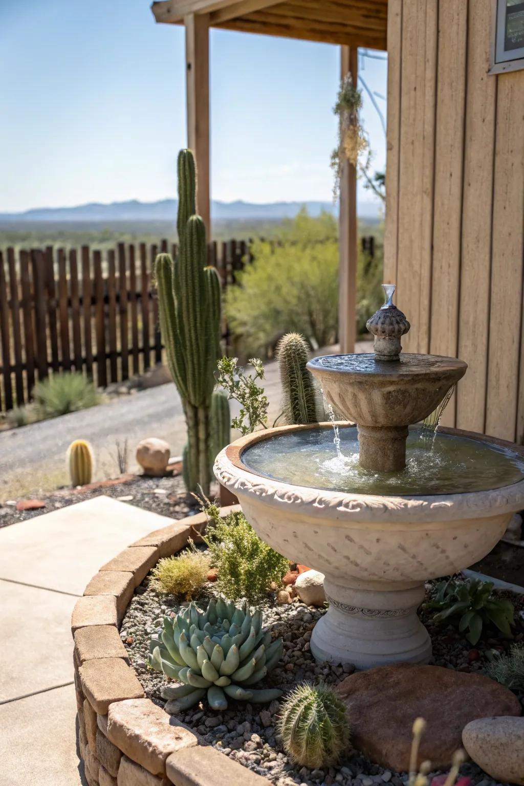 A water feature adds a tranquil element to a desert porch.