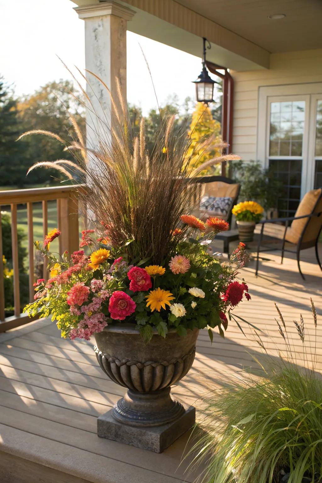 Ornamental grasses add movement and texture to sunny planters.