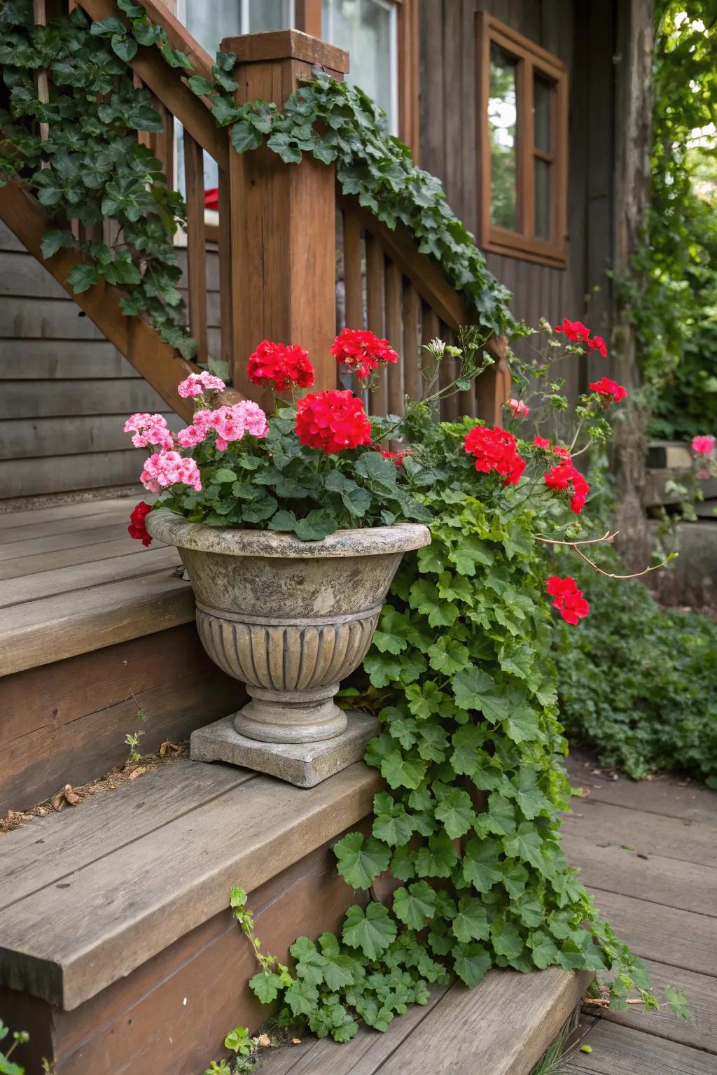 Geraniums paired with ivy create a timeless porch display.