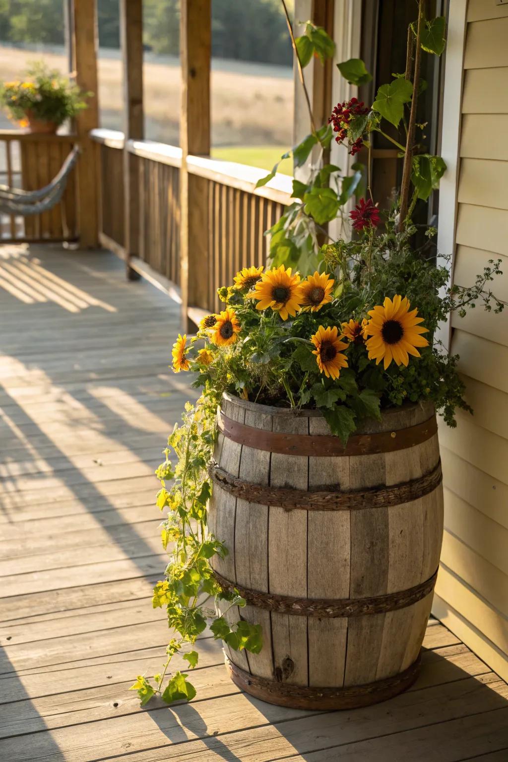 Wooden barrels bring rustic charm to any sunny porch.