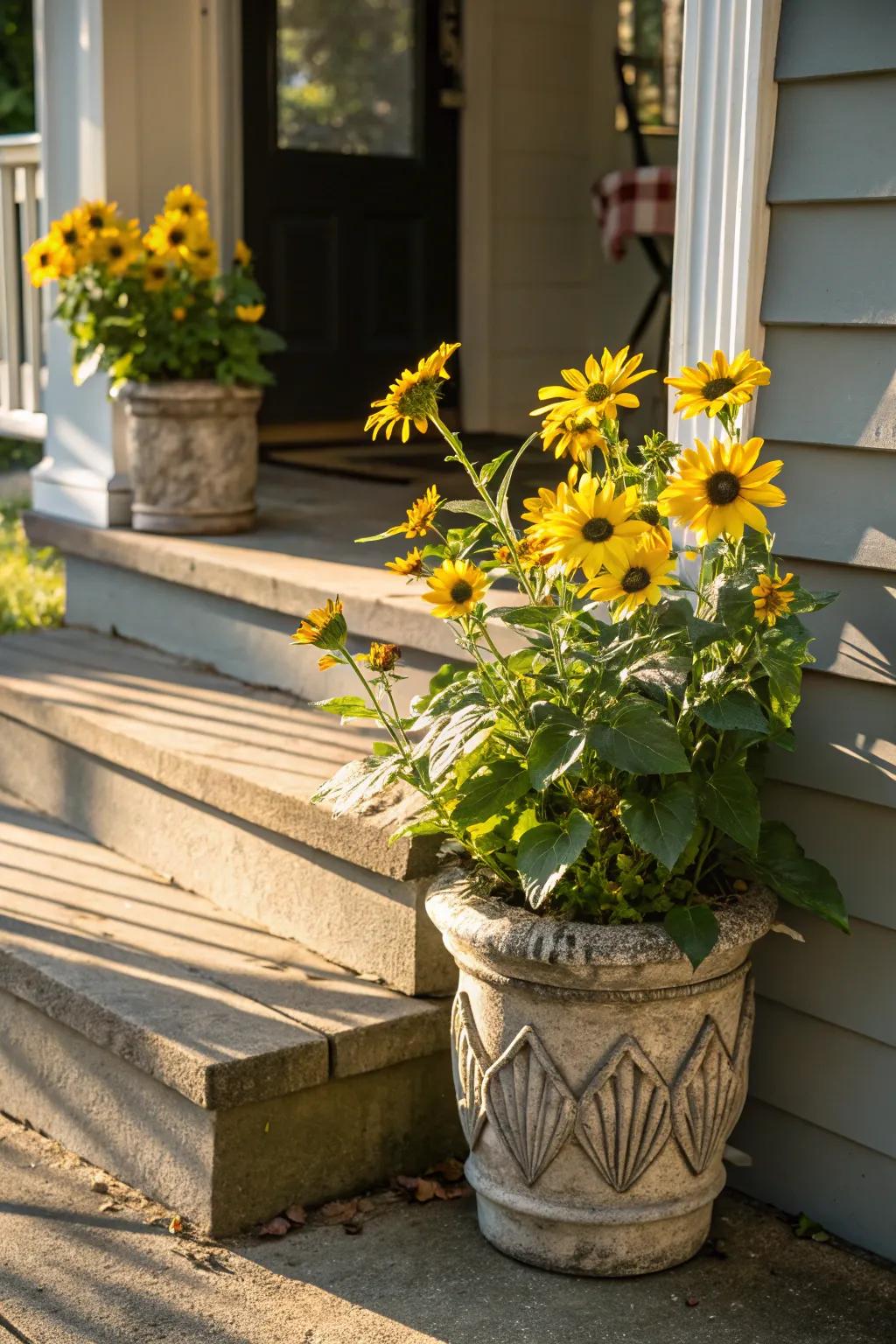 Sunflowers offer a cheerful welcome to any sunny porch.