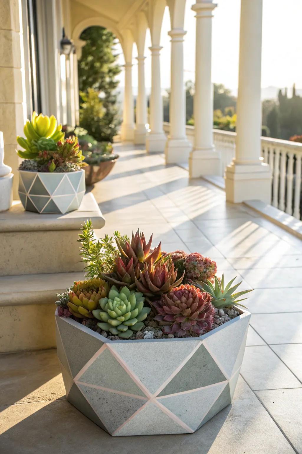 Succulents offer a modern, low-maintenance option for sunny porches.