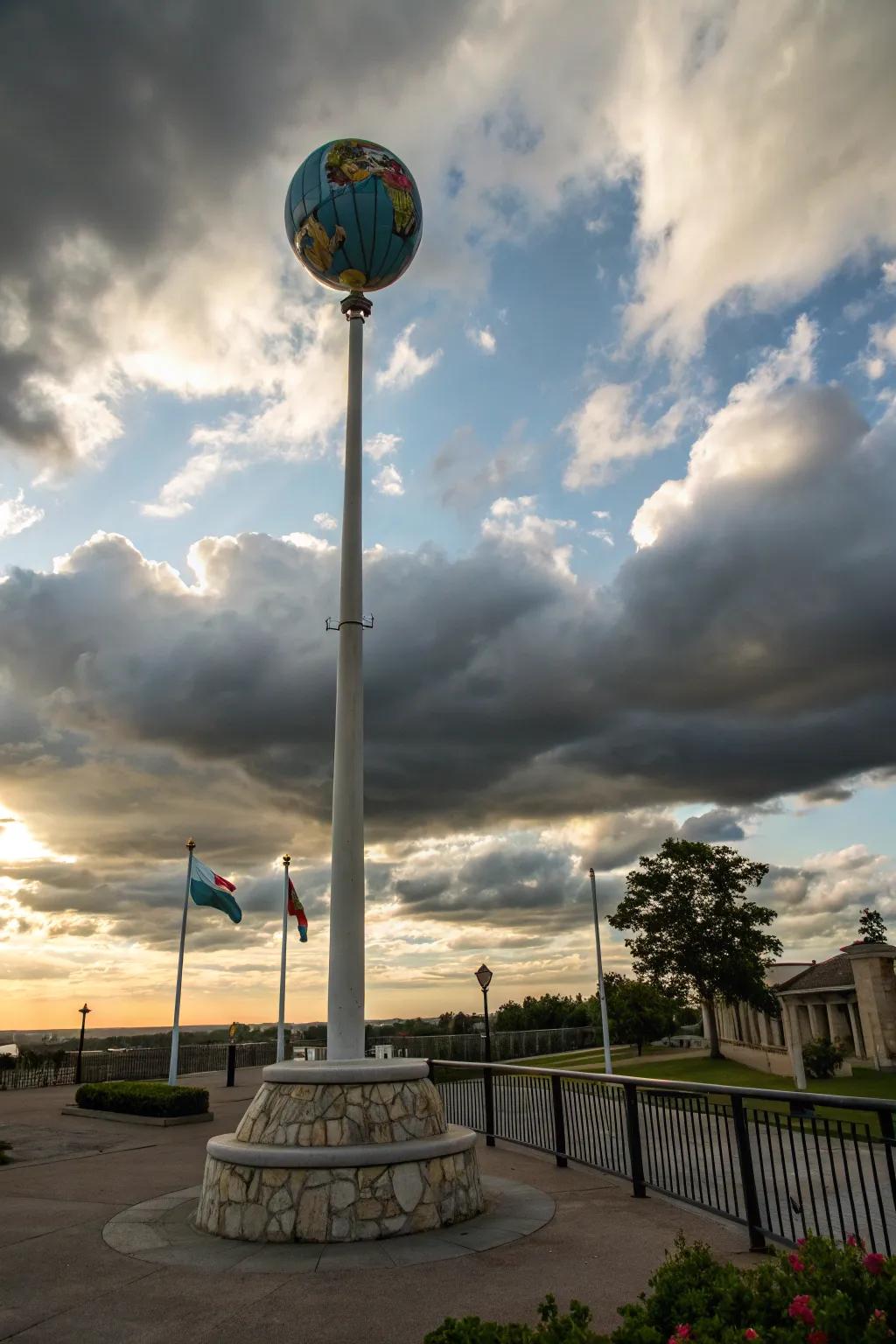 An artistic globe topper makes a worldly statement on this flagpole.