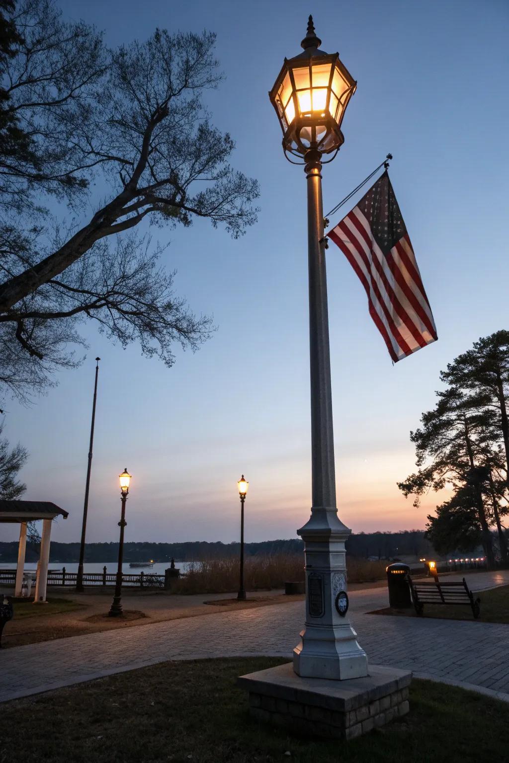 A vintage lantern topper adds a cozy glow to this flagpole.