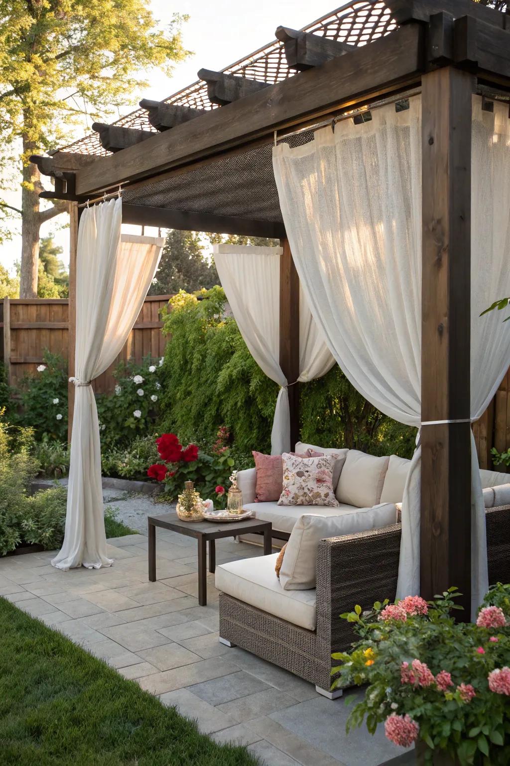 Pergolas with curtains create a stylish and private retreat.