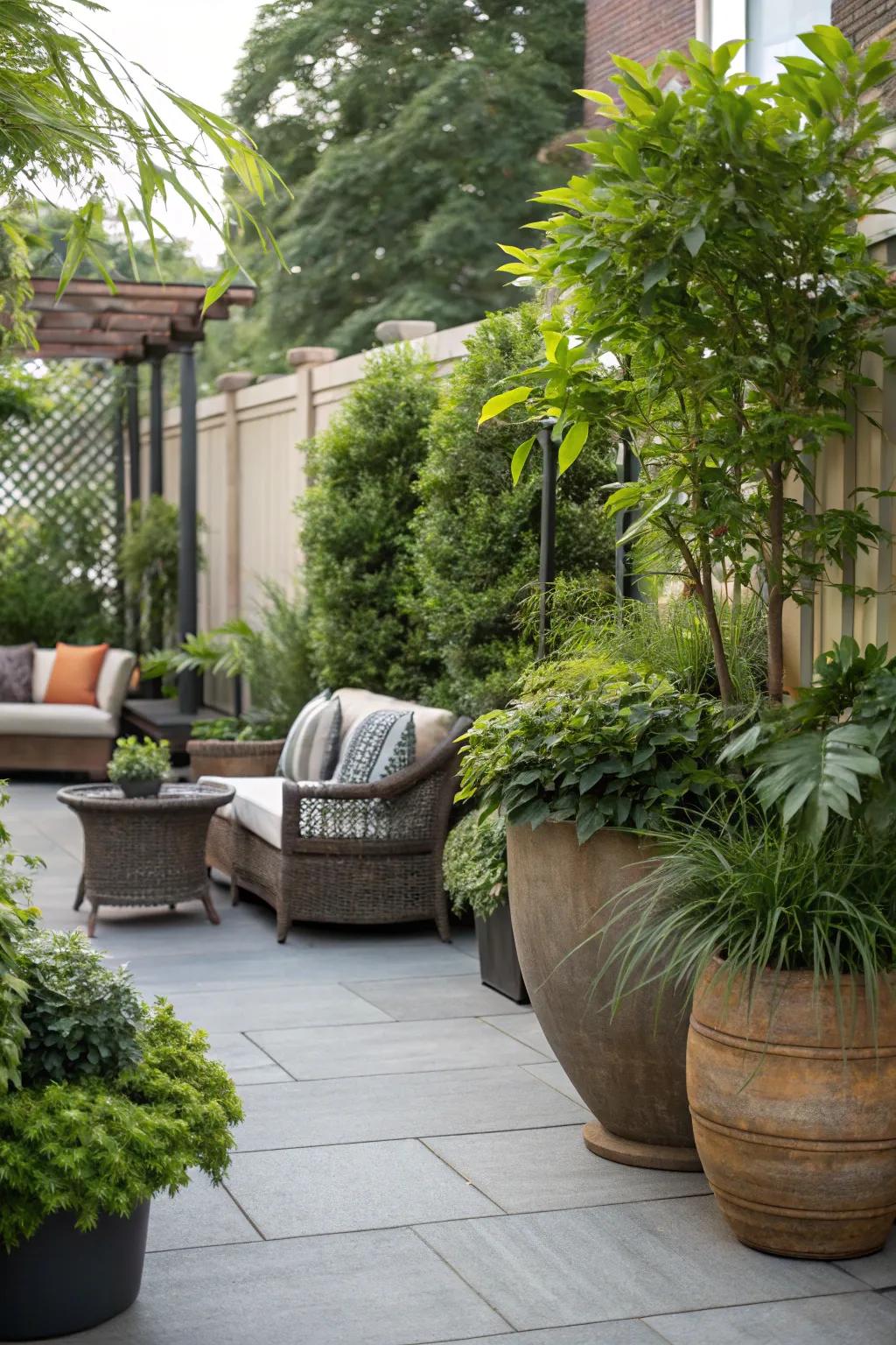 Potted plants provide a versatile and adjustable privacy solution.