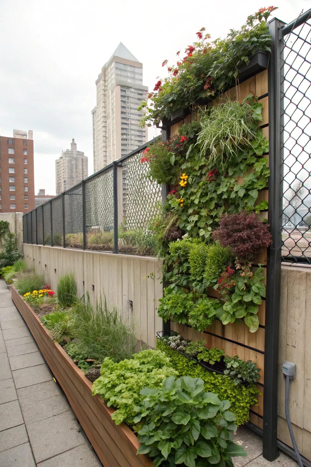 Vertical gardens maximize space while providing lush privacy.