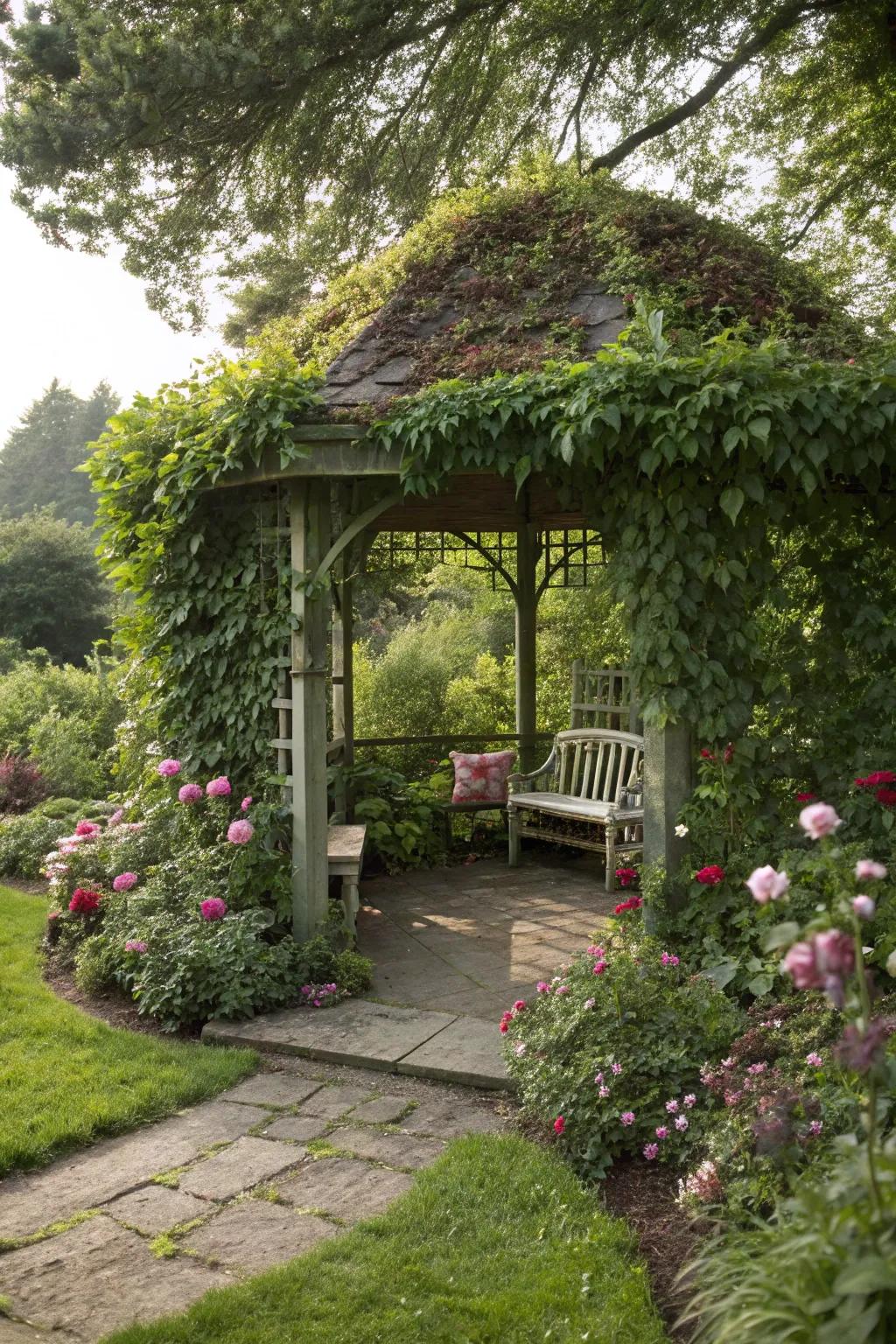 Garden structures create intimate spaces with a touch of elegance.