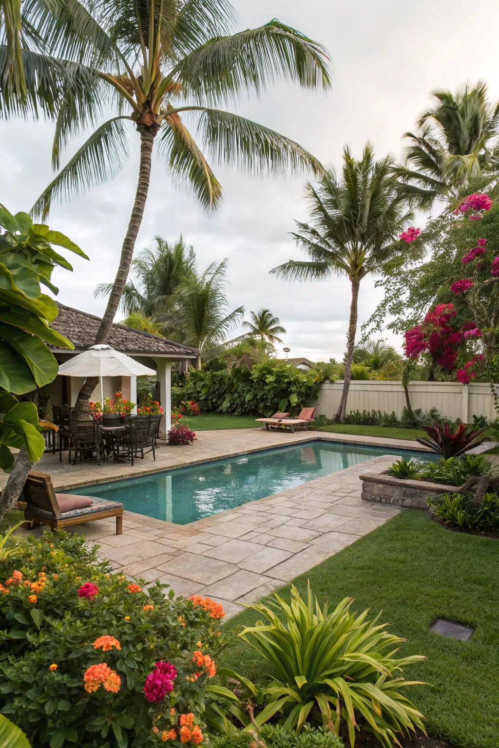 Lush greenery envelops a pool, creating a serene and private escape.