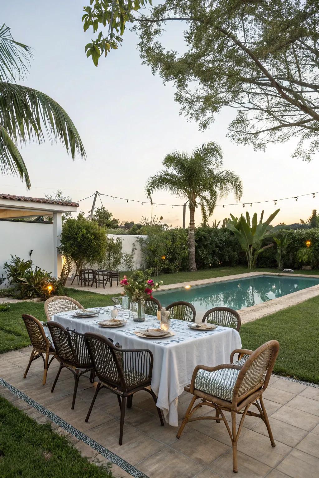 An outdoor dining area perfect for enjoying meals by the pool.