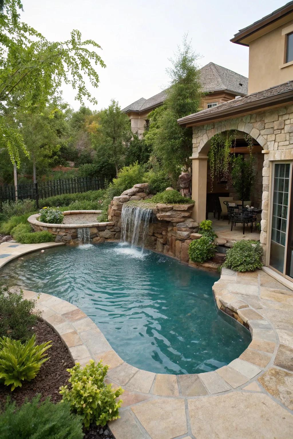 A waterfall feature adds a luxurious and calming element to the pool area.