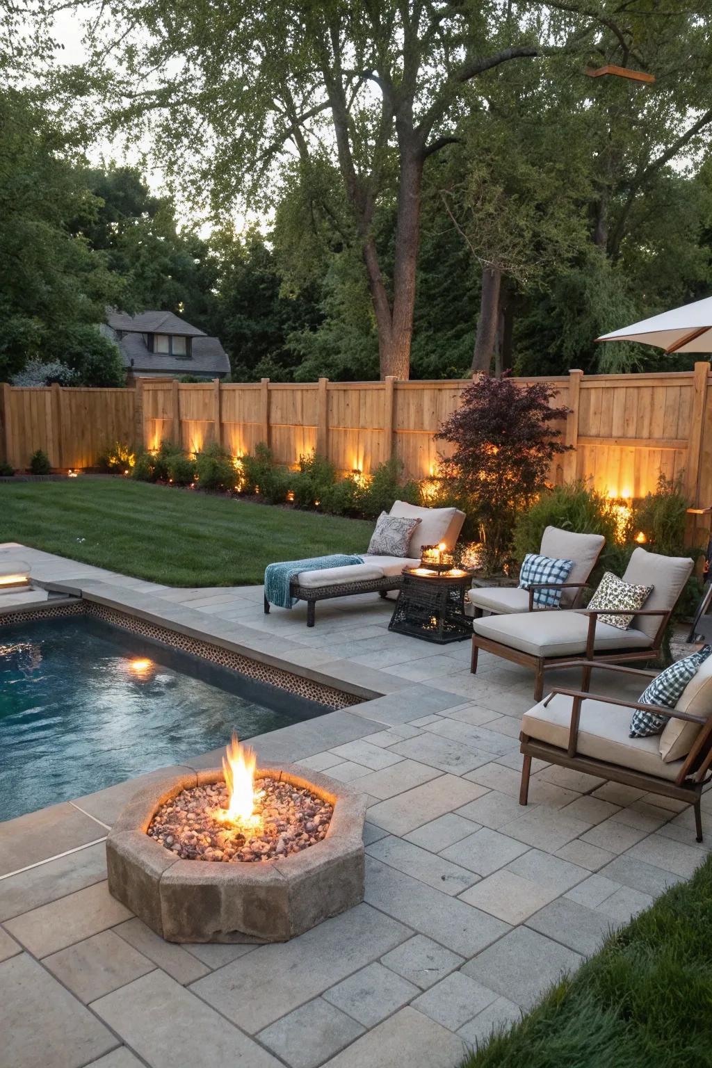 A poolside fire pit creates a warm and inviting atmosphere for evening gatherings.