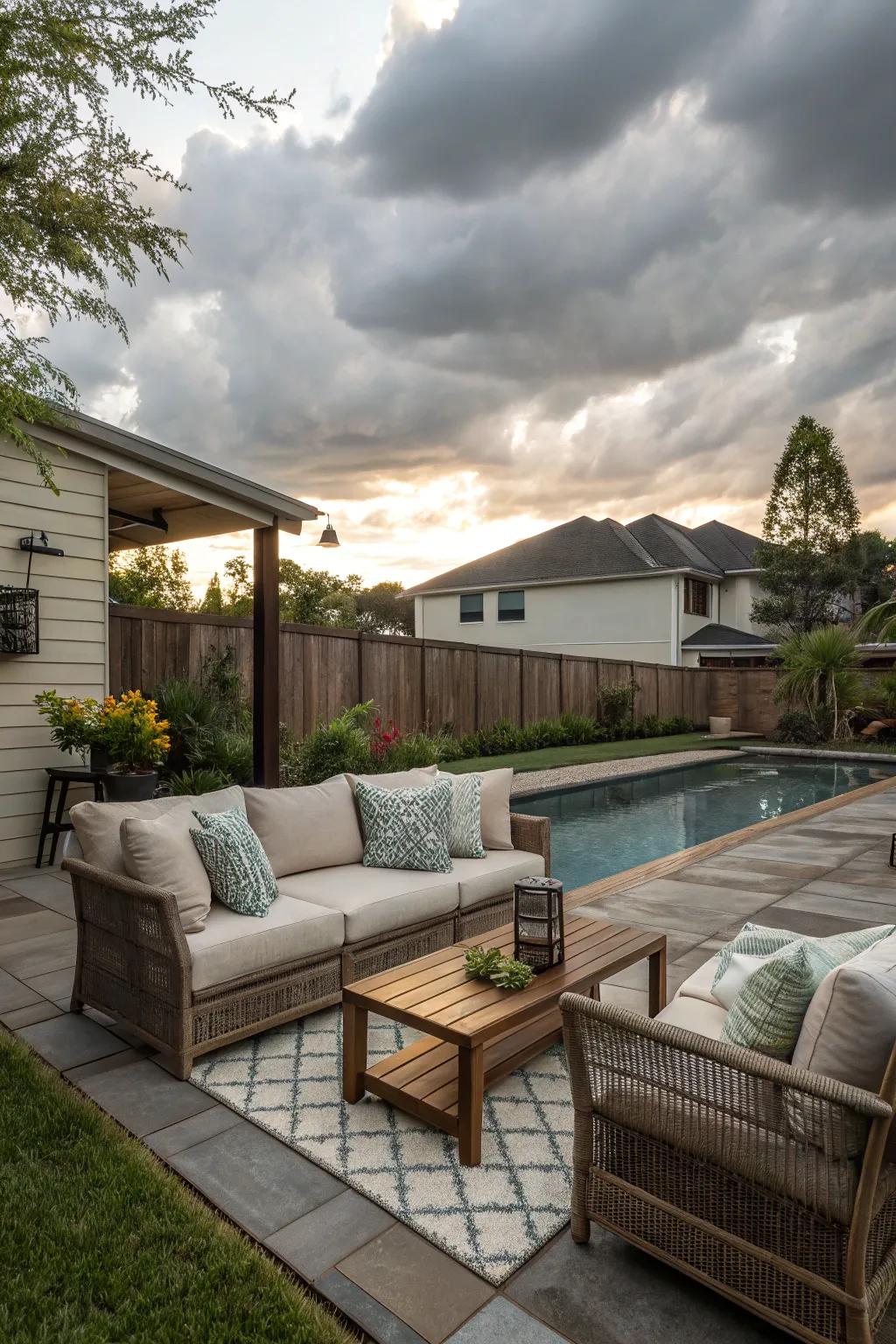 A chic outdoor sofa provides a cozy lounging area beside the pool.