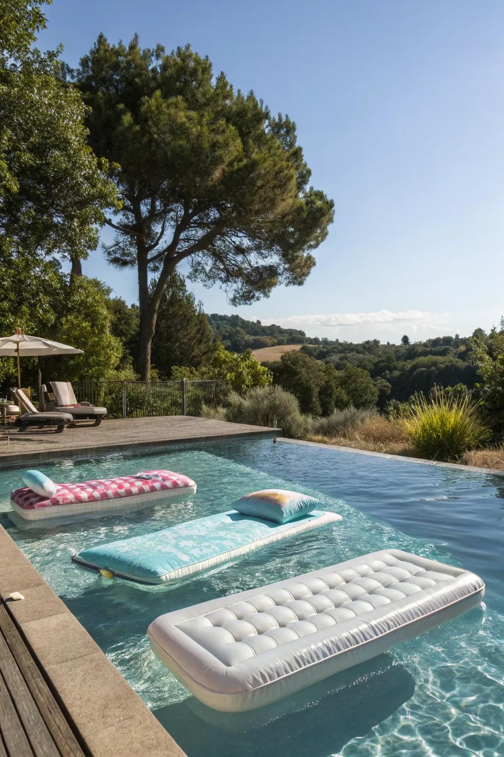 Floating loungers provide a unique and relaxing way to enjoy the pool.