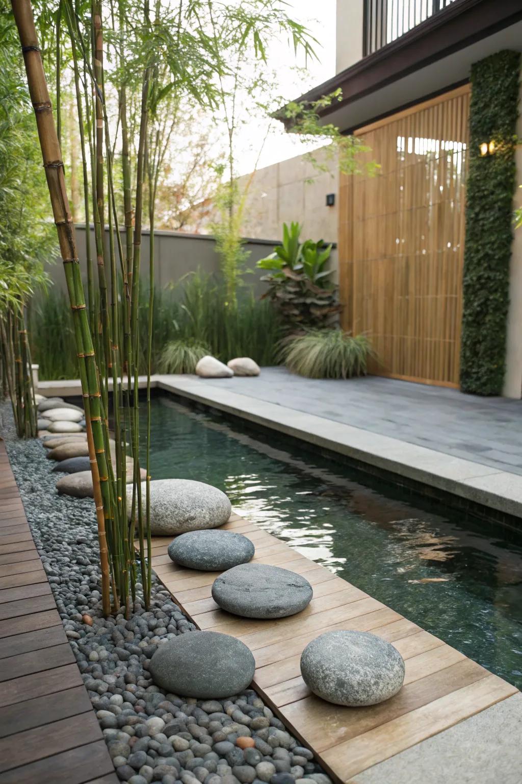 A Zen garden area adds a peaceful and meditative touch to the poolside retreat.
